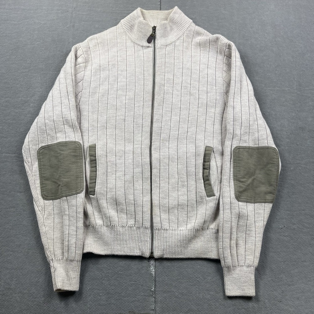 Orvis Sweater Mens Medium Beige Full Zip Wool Heavyweight Elbow Patches Ribbed